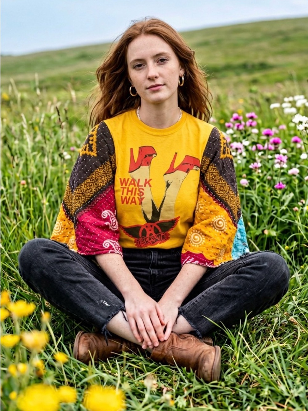 Aerosmith "Walk This Way" Yellow Upcycled Kantha poncho Graphic T fit-small-3x
